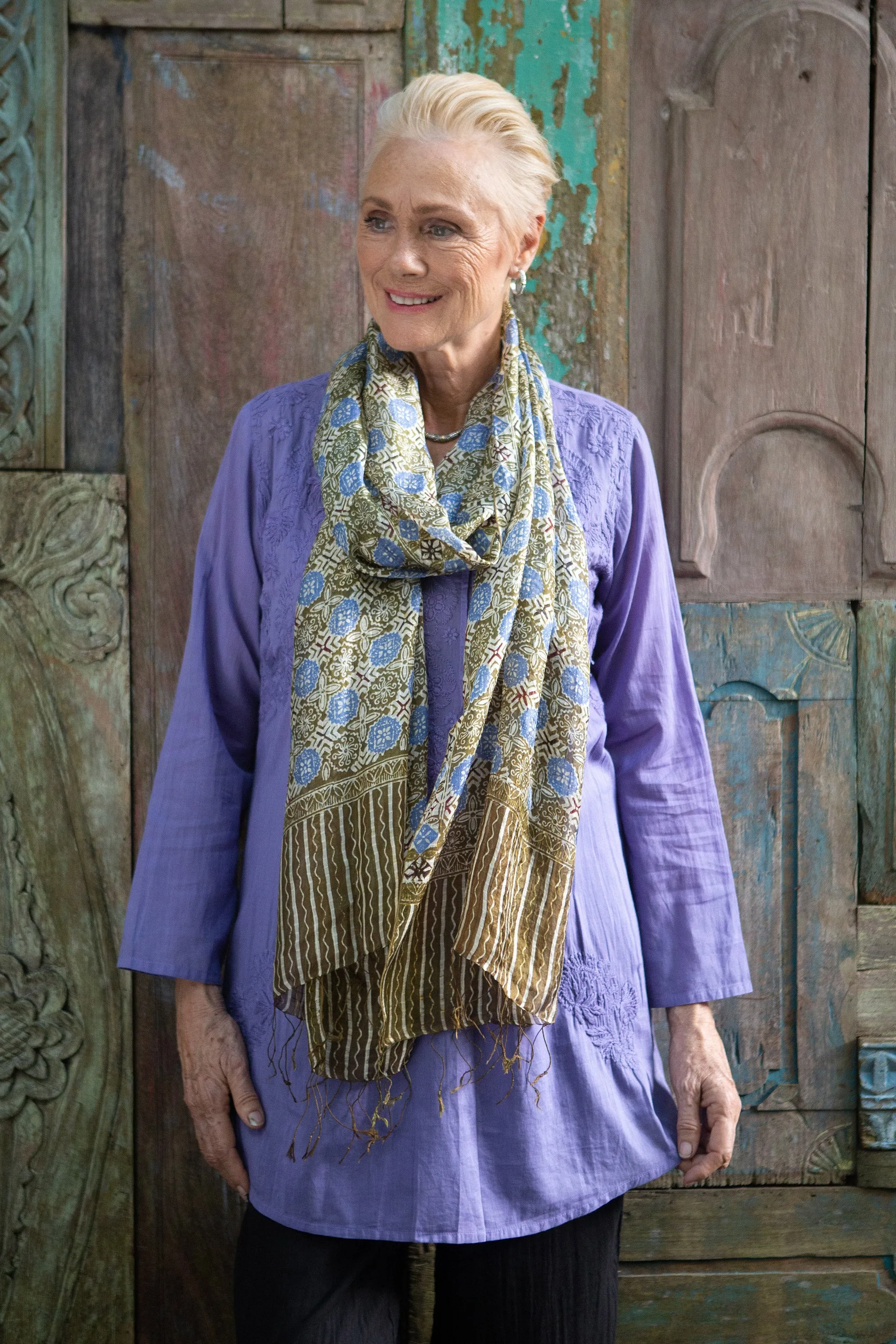 Indonesian Floral Silk Shawl - Blue Floral Stars | NOVICA