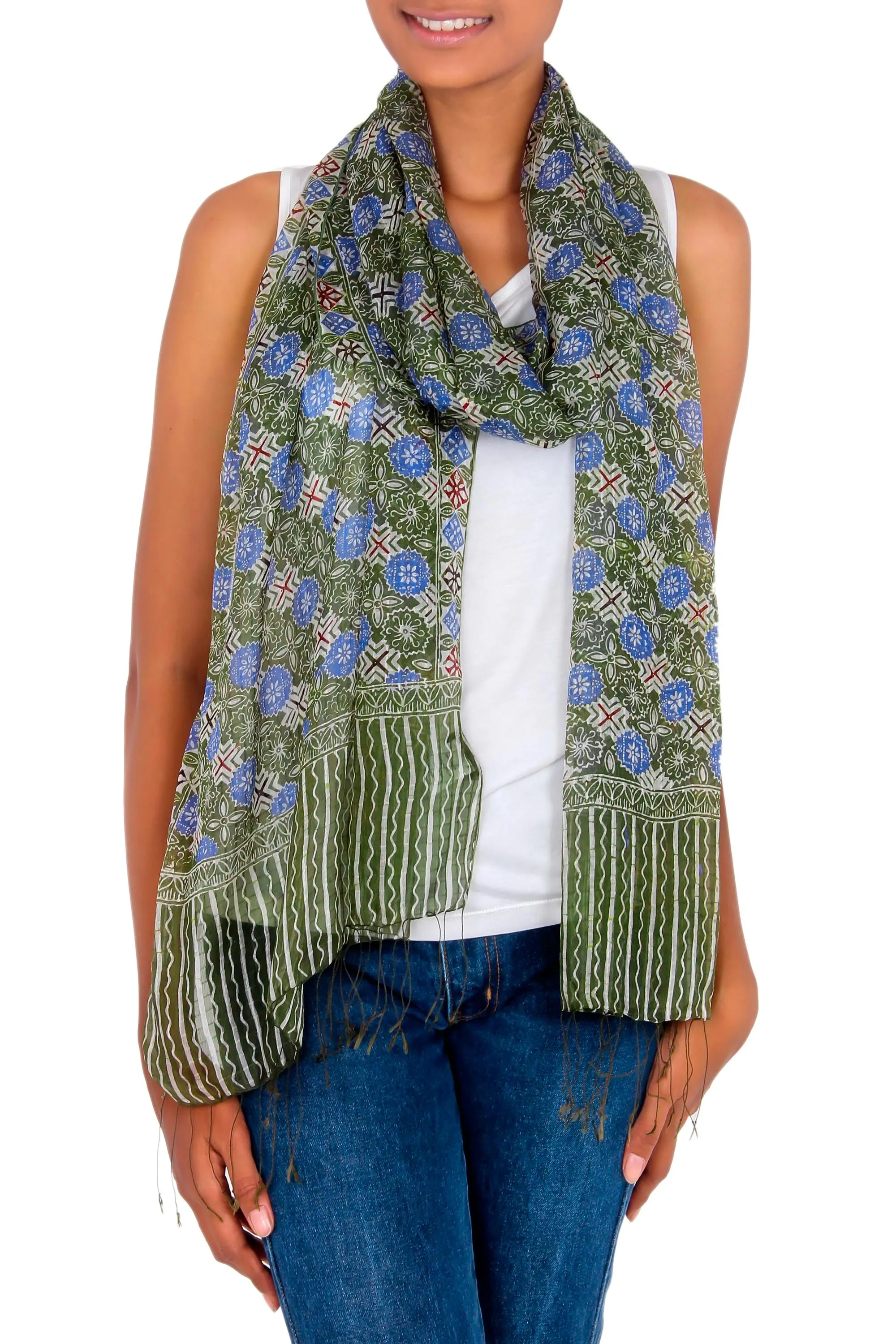 Indonesian Floral Silk Shawl - Blue Floral Stars | NOVICA