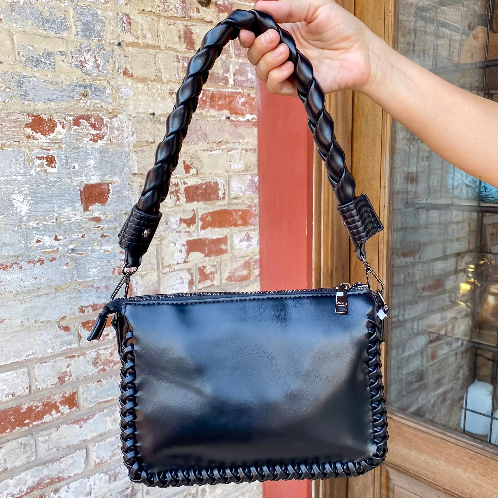Jen & Co Judith Vegan Whipstitch Shoulder Bag in Black