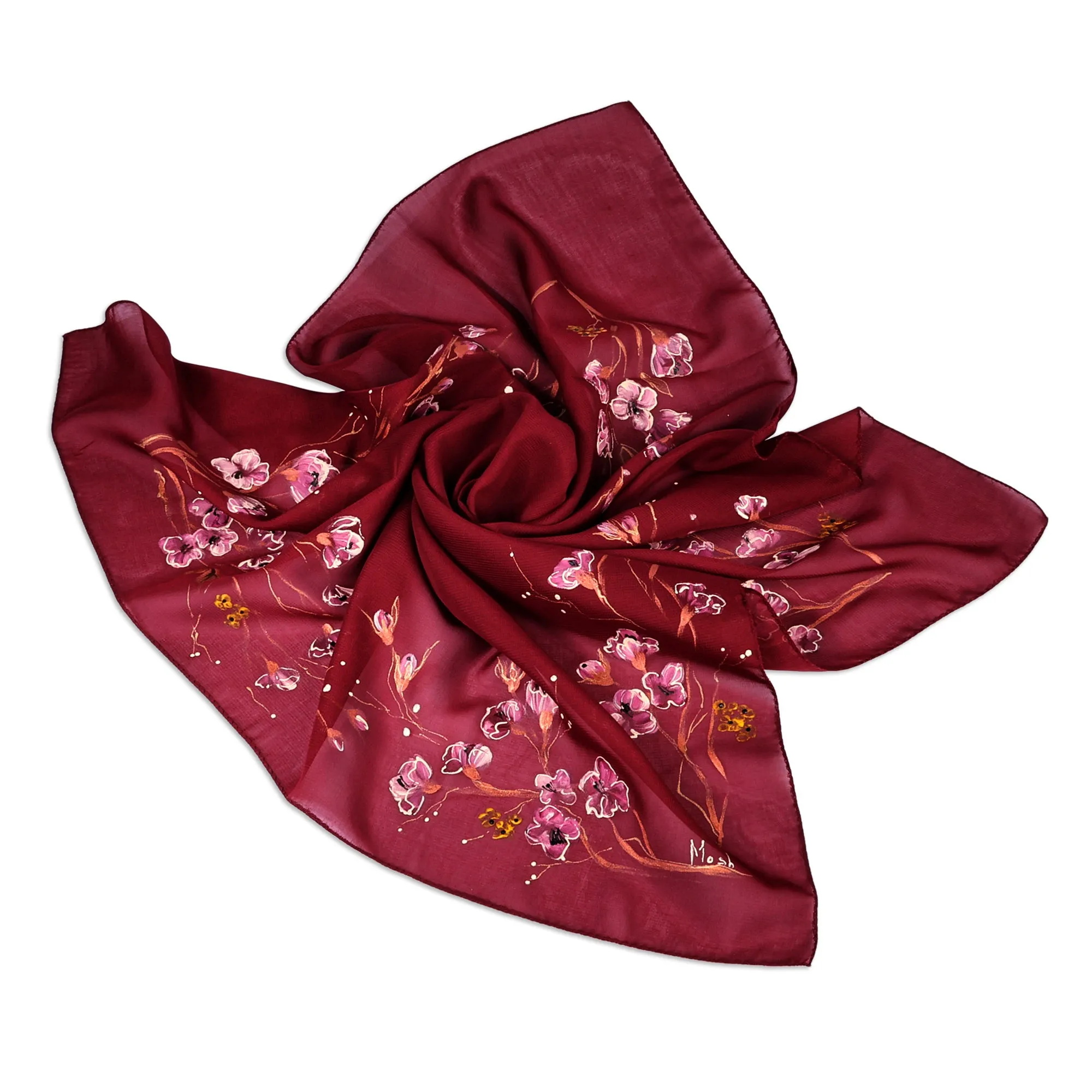 Leafy and Floral Hand-Painted Soft Burgundy Silk Scarf - Regal Season | NOVICA