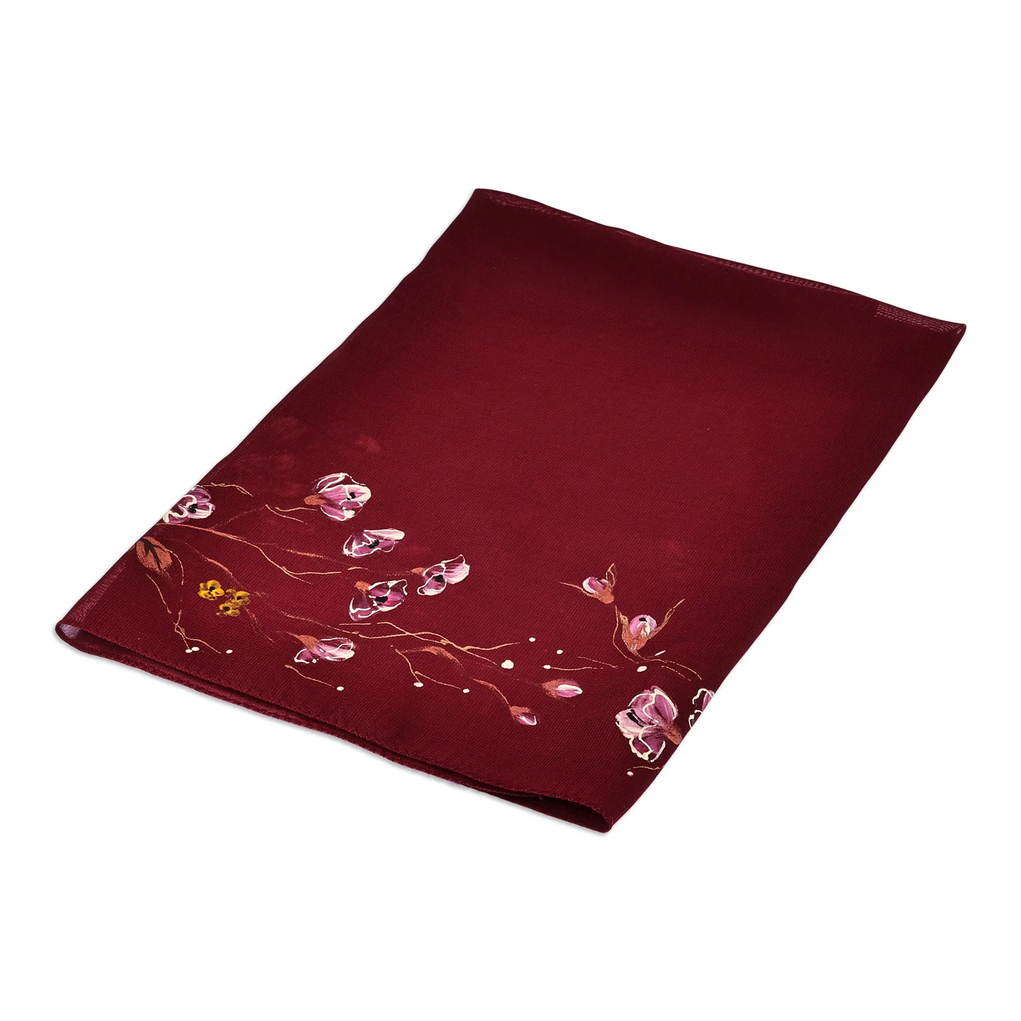 Leafy and Floral Hand-Painted Soft Burgundy Silk Scarf - Regal Season | NOVICA