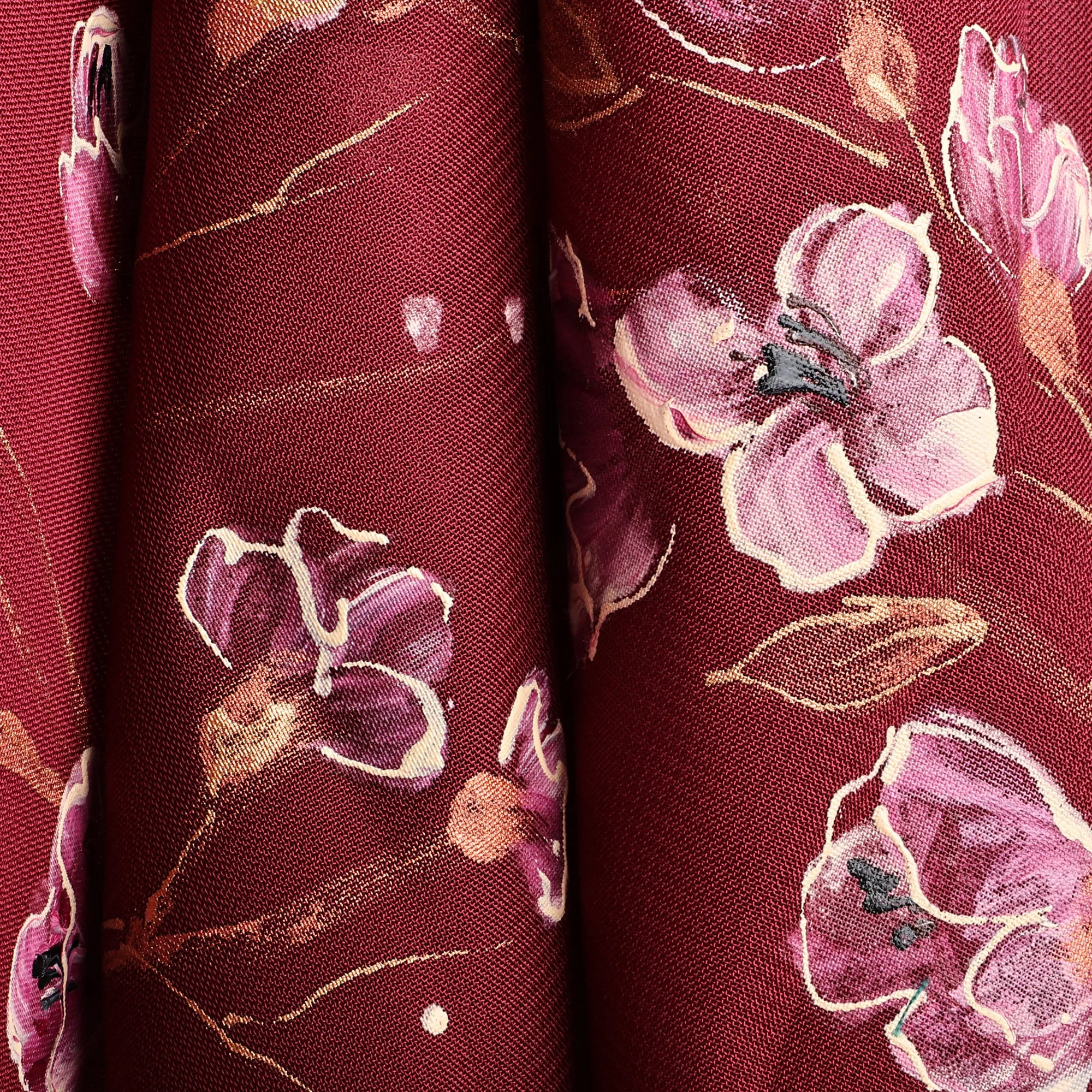 Leafy and Floral Hand-Painted Soft Burgundy Silk Scarf - Regal Season | NOVICA
