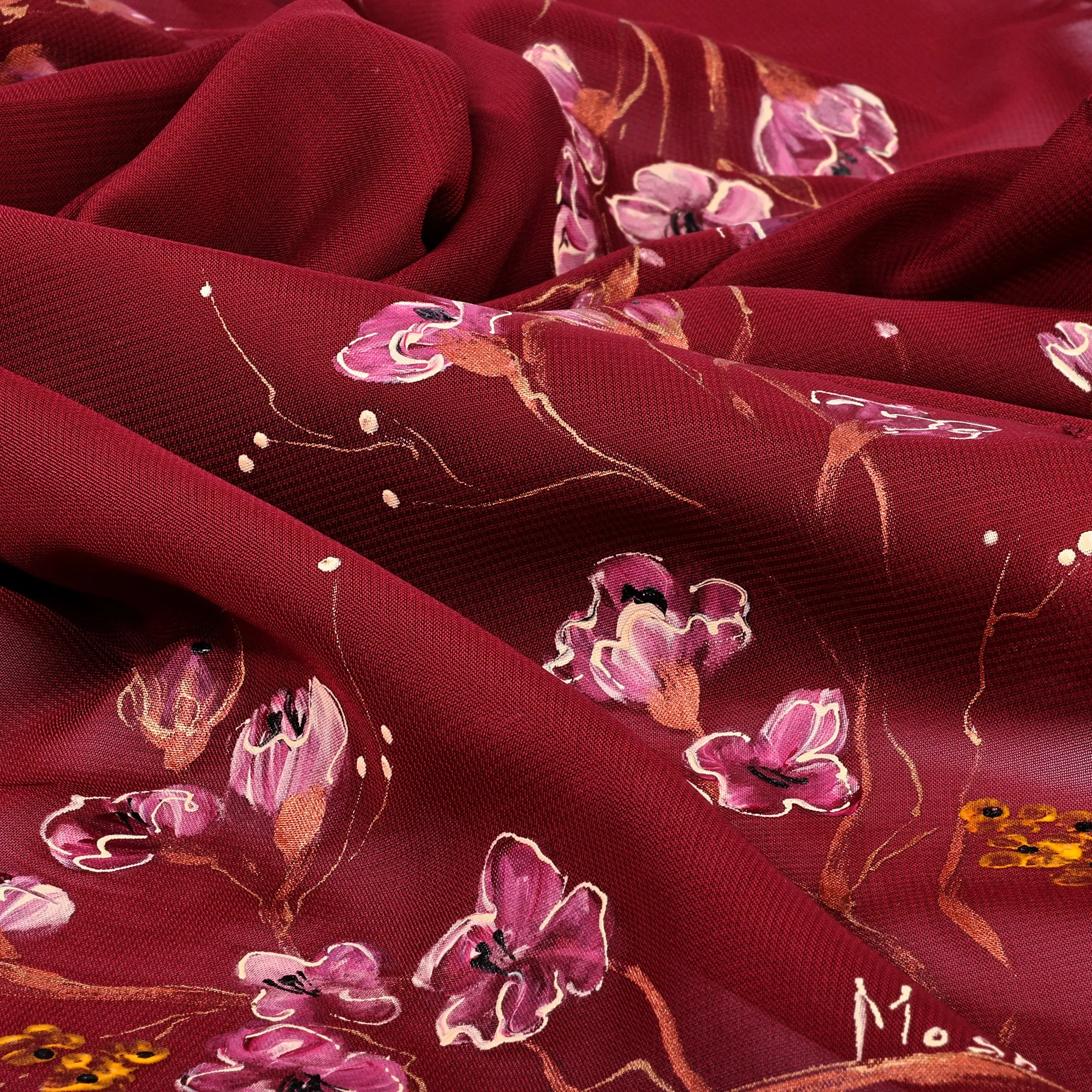 Leafy and Floral Hand-Painted Soft Burgundy Silk Scarf - Regal Season | NOVICA