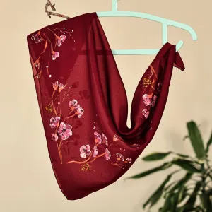 Leafy and Floral Hand-Painted Soft Burgundy Silk Scarf - Regal Season | NOVICA