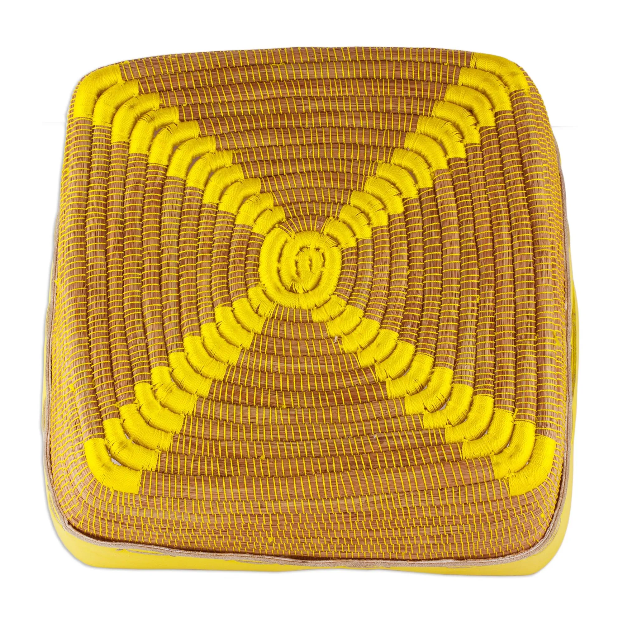 Leather and Pine Needle Decorative Basket from Nicaragua - Sunny Yellow | NOVICA