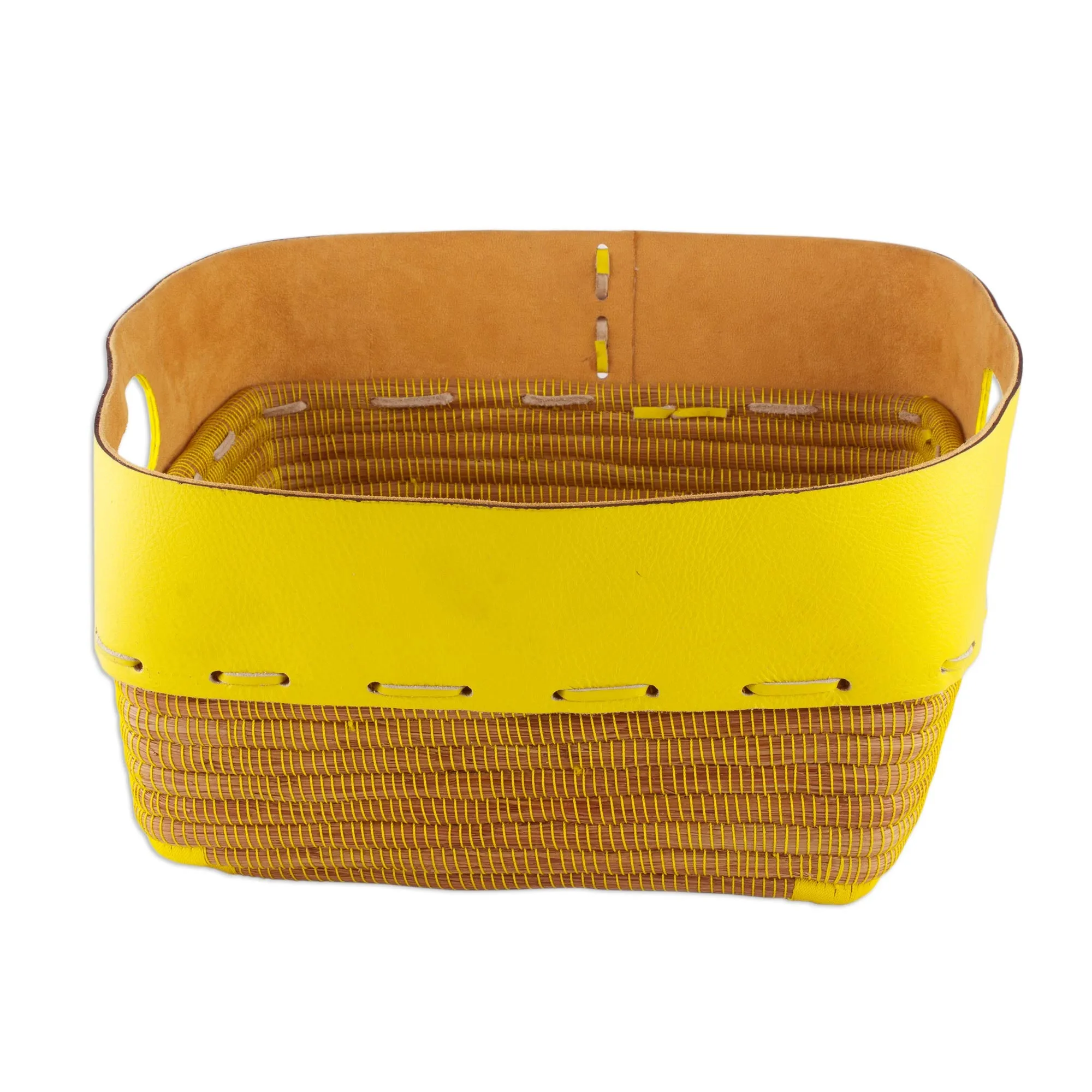 Leather and Pine Needle Decorative Basket from Nicaragua - Sunny Yellow | NOVICA
