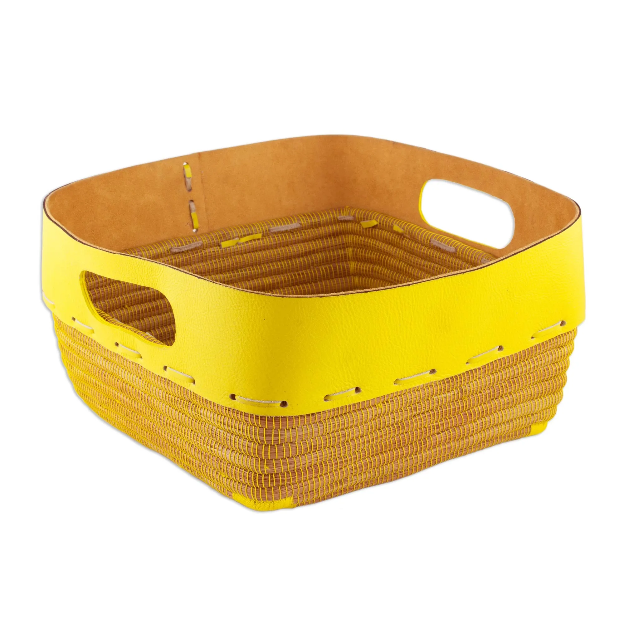 Leather and Pine Needle Decorative Basket from Nicaragua - Sunny Yellow | NOVICA