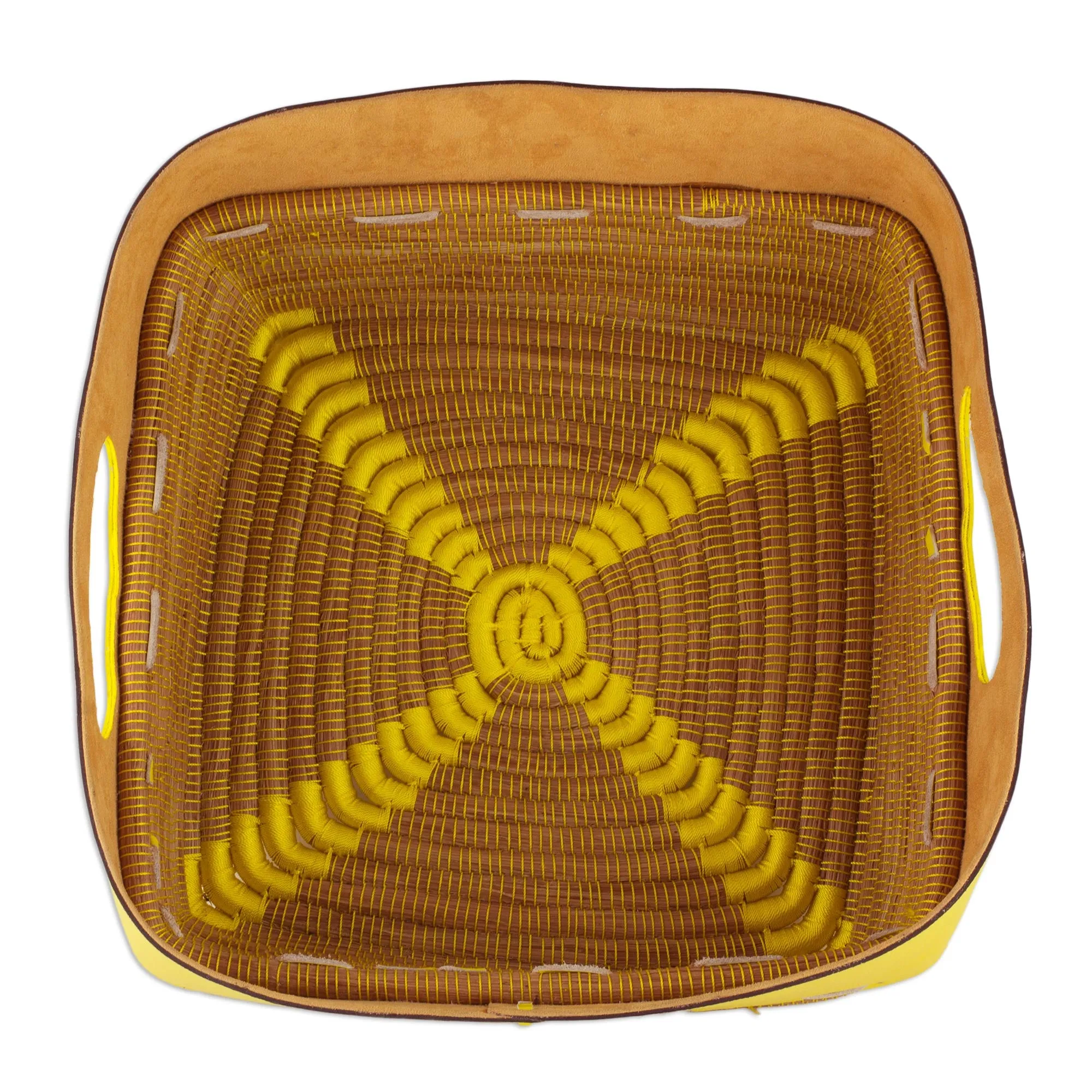 Leather and Pine Needle Decorative Basket from Nicaragua - Sunny Yellow | NOVICA