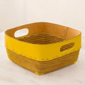 Leather and Pine Needle Decorative Basket from Nicaragua - Sunny Yellow | NOVICA