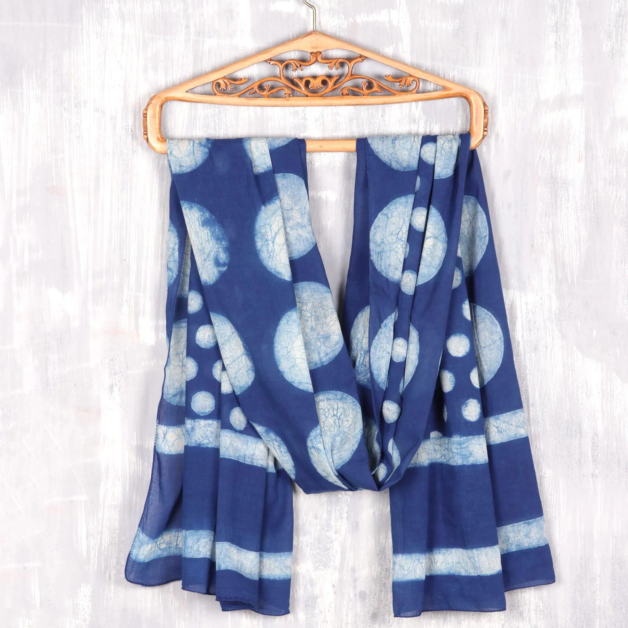 Moon Motif Block-Printed Cotton Shawl - Indigo Bubbles