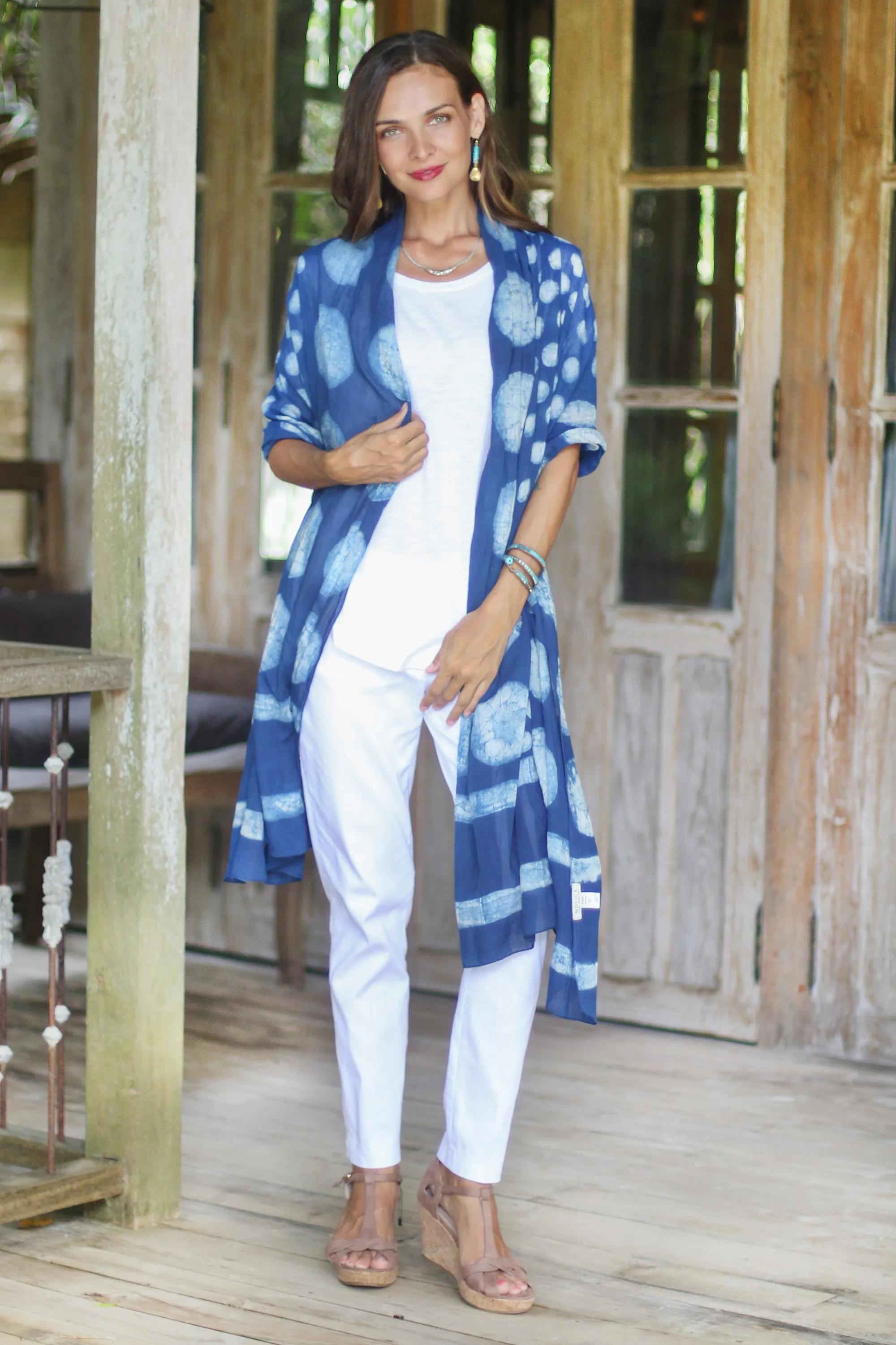Moon Motif Block-Printed Cotton Shawl - Indigo Bubbles
