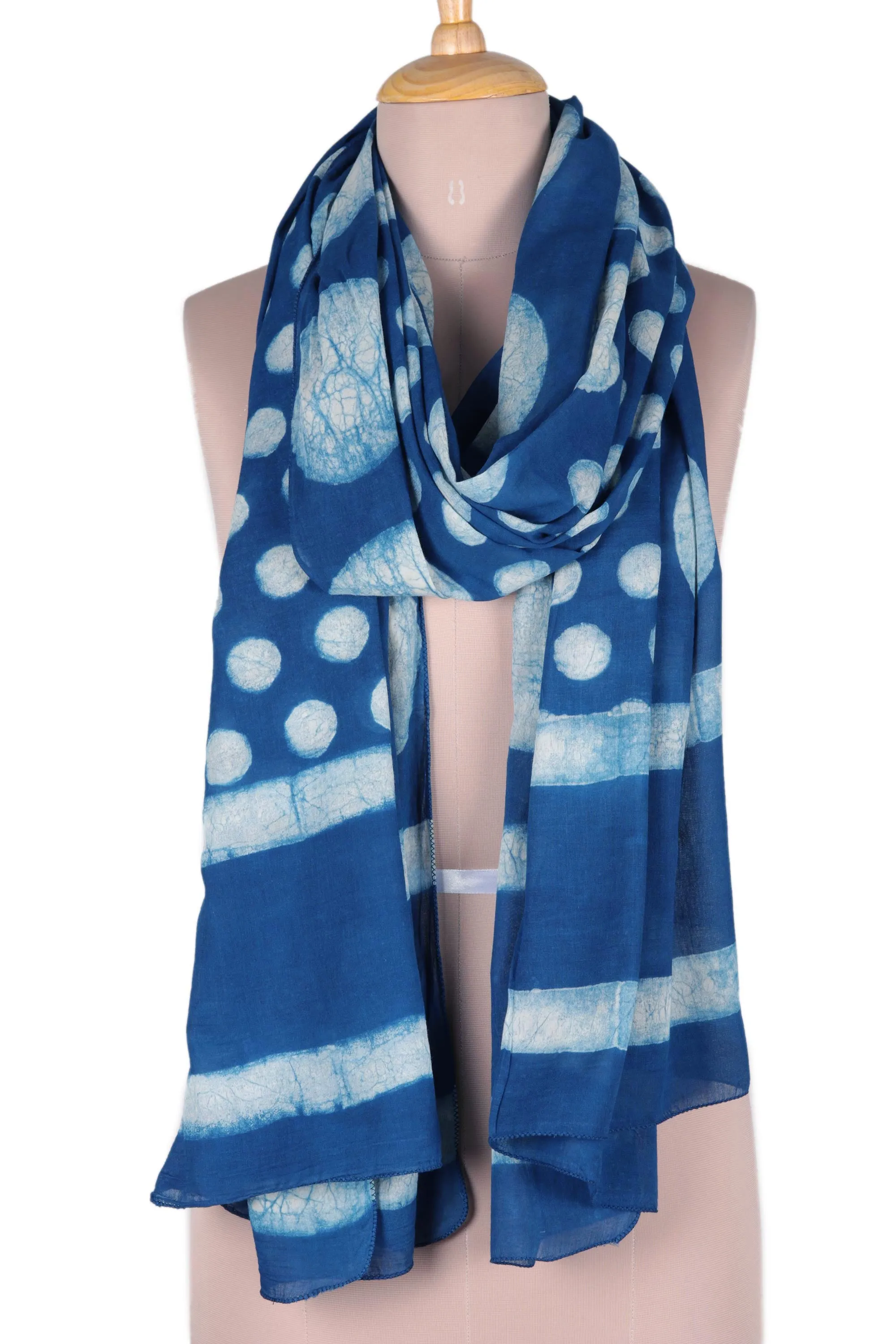 Moon Motif Block-Printed Cotton Shawl - Indigo Bubbles