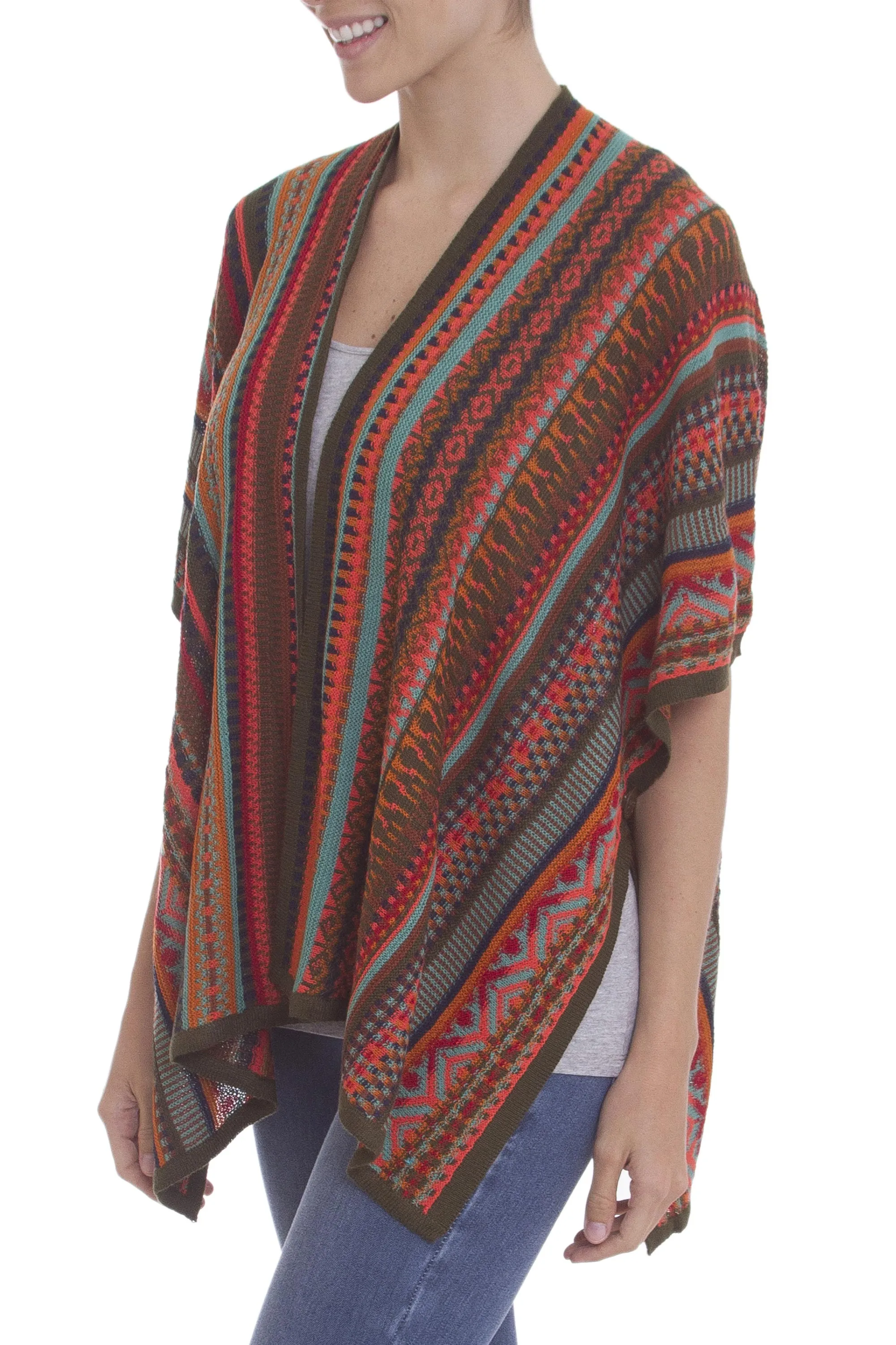 Multi-Color Striped Knit Layering Ruana - Desert Strata | NOVICA