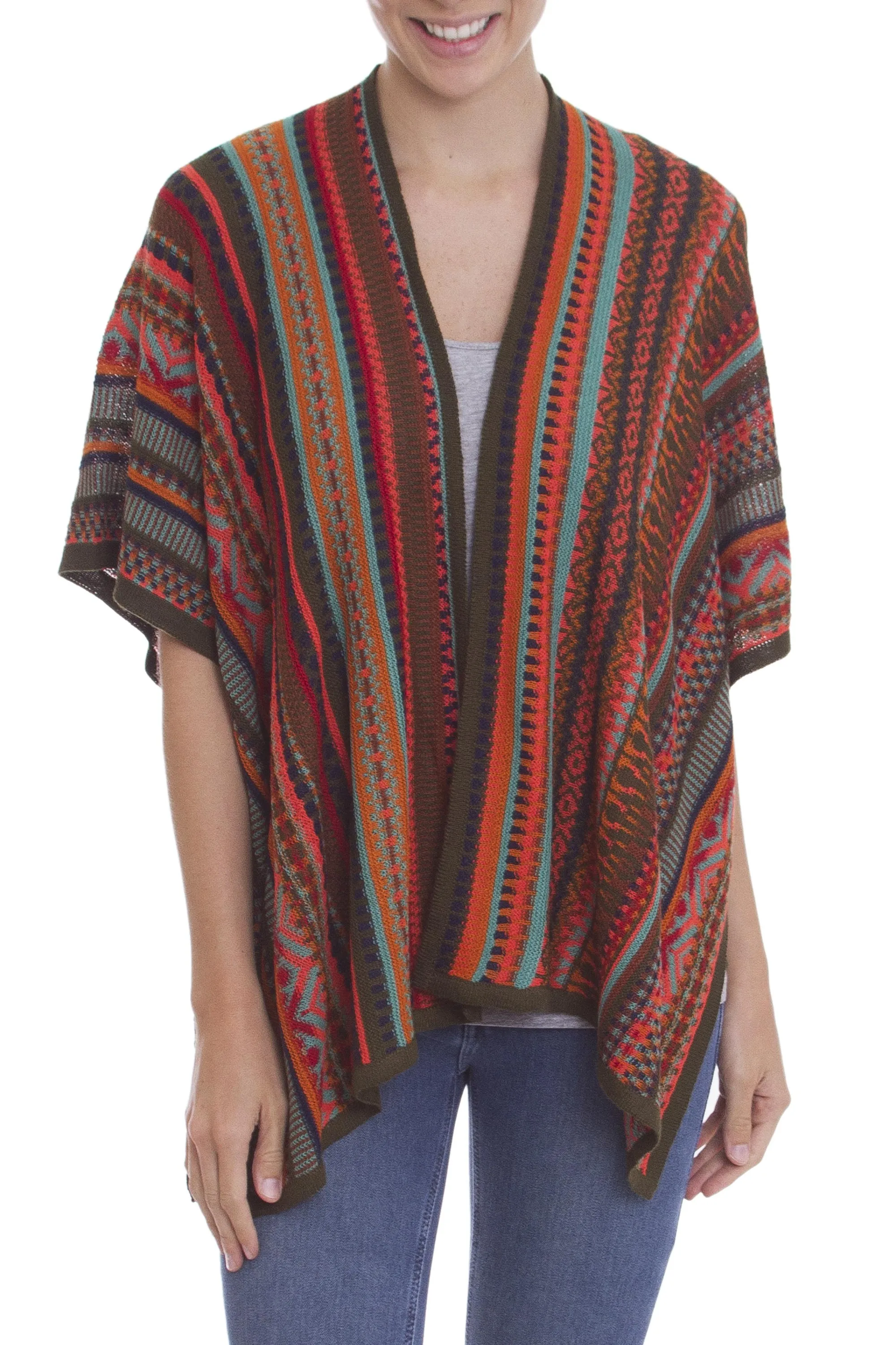 Multi-Color Striped Knit Layering Ruana - Desert Strata | NOVICA