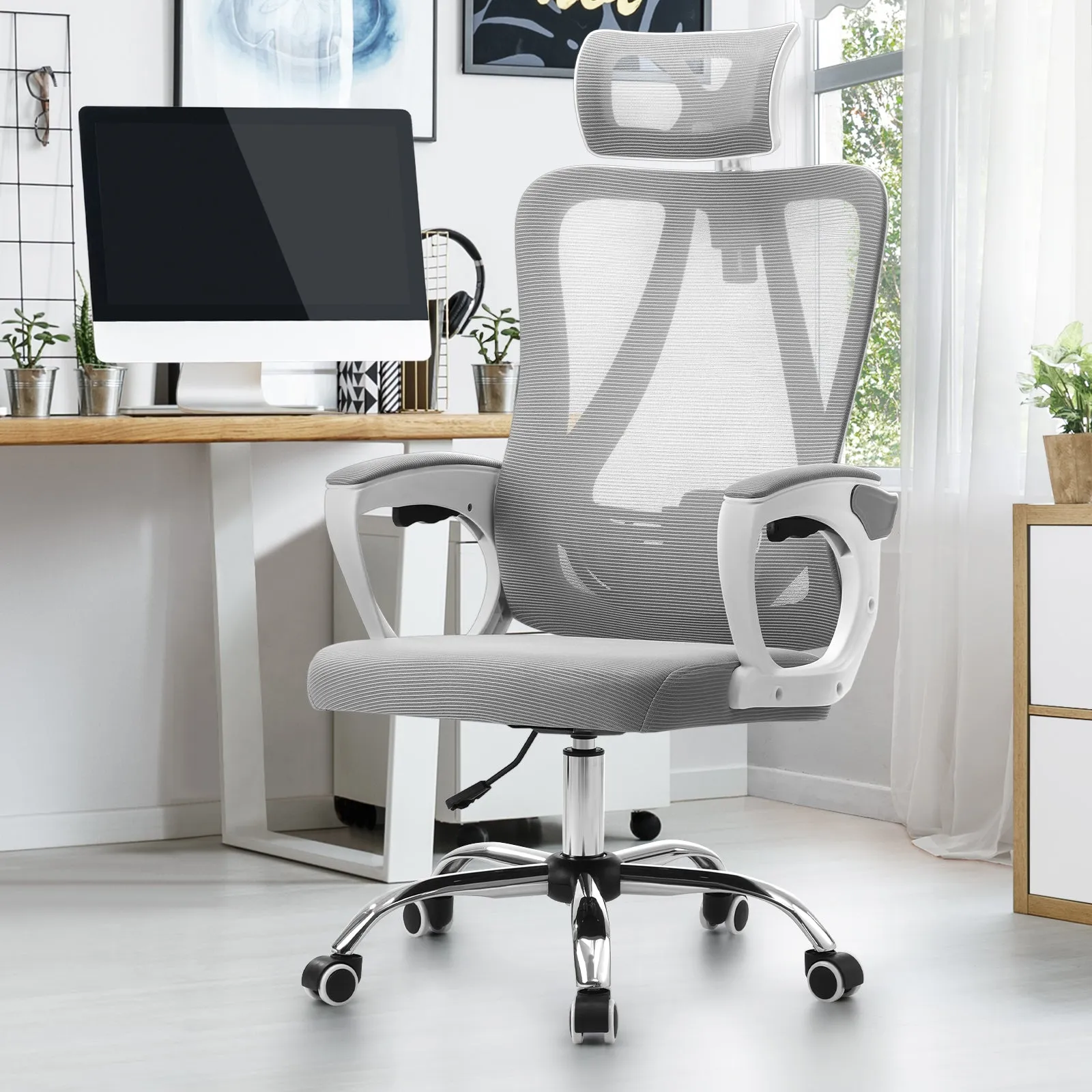 Oikiture Mesh Office Chair Adjustable Lumbar Support Reclining Computer White