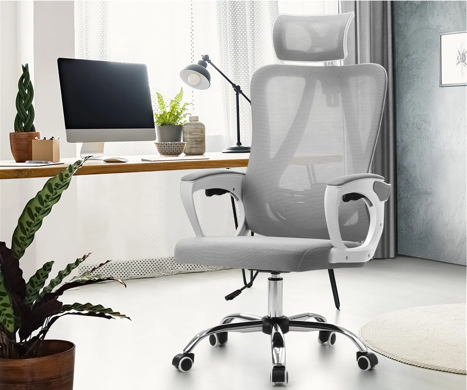 Oikiture Mesh Office Chair Adjustable Lumbar Support Reclining Computer White