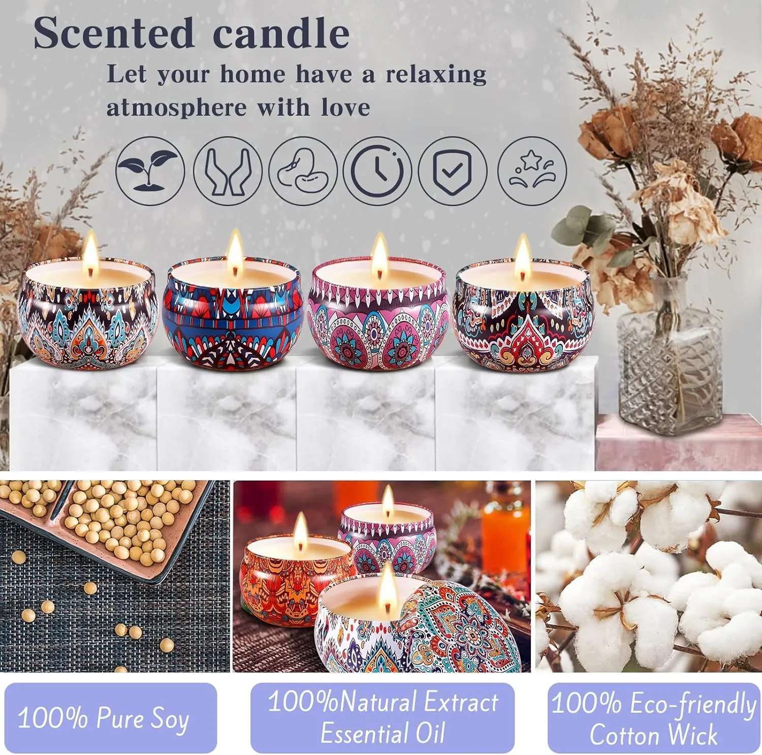 One94Store Luxury Scented Candles with Reusable Floral Printed Tin Can Set - 100% Natural Soy Wax, Long-Lasting Aromatherapy Candles for Stress Relief and Home Decor, 4 Unique Fragrances(Pack of 12)
