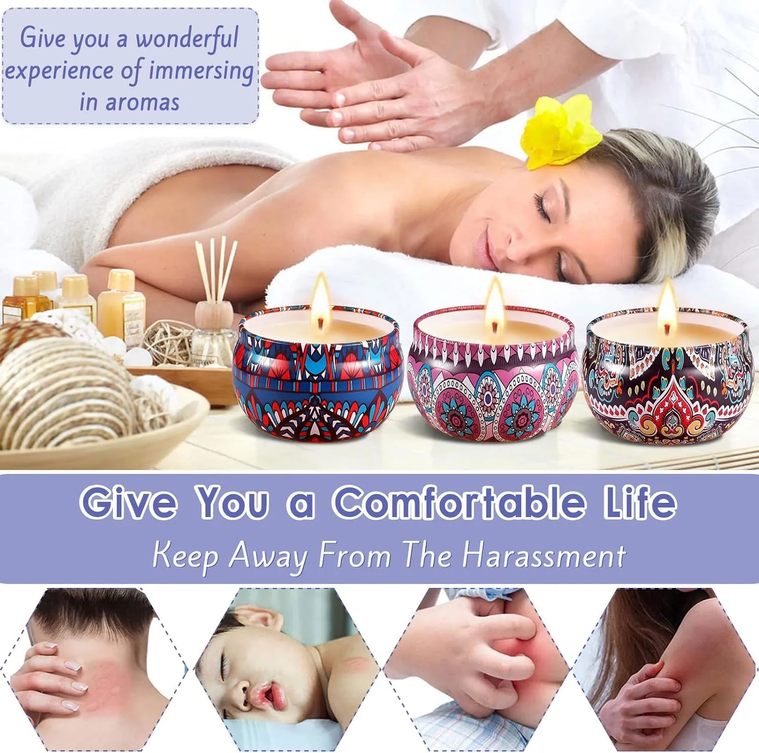 One94Store Luxury Scented Candles with Reusable Floral Printed Tin Can Set - 100% Natural Soy Wax, Long-Lasting Aromatherapy Candles for Stress Relief and Home Decor, 4 Unique Fragrances(Pack of 12)