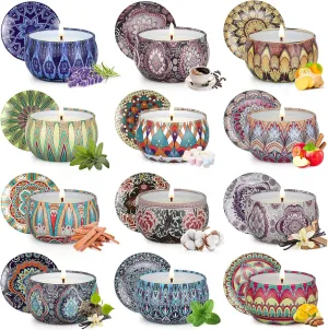 One94Store Luxury Scented Candles with Reusable Floral Printed Tin Can Set - 100% Natural Soy Wax, Long-Lasting Aromatherapy Candles for Stress Relief and Home Decor, 4 Unique Fragrances(Pack of 12)