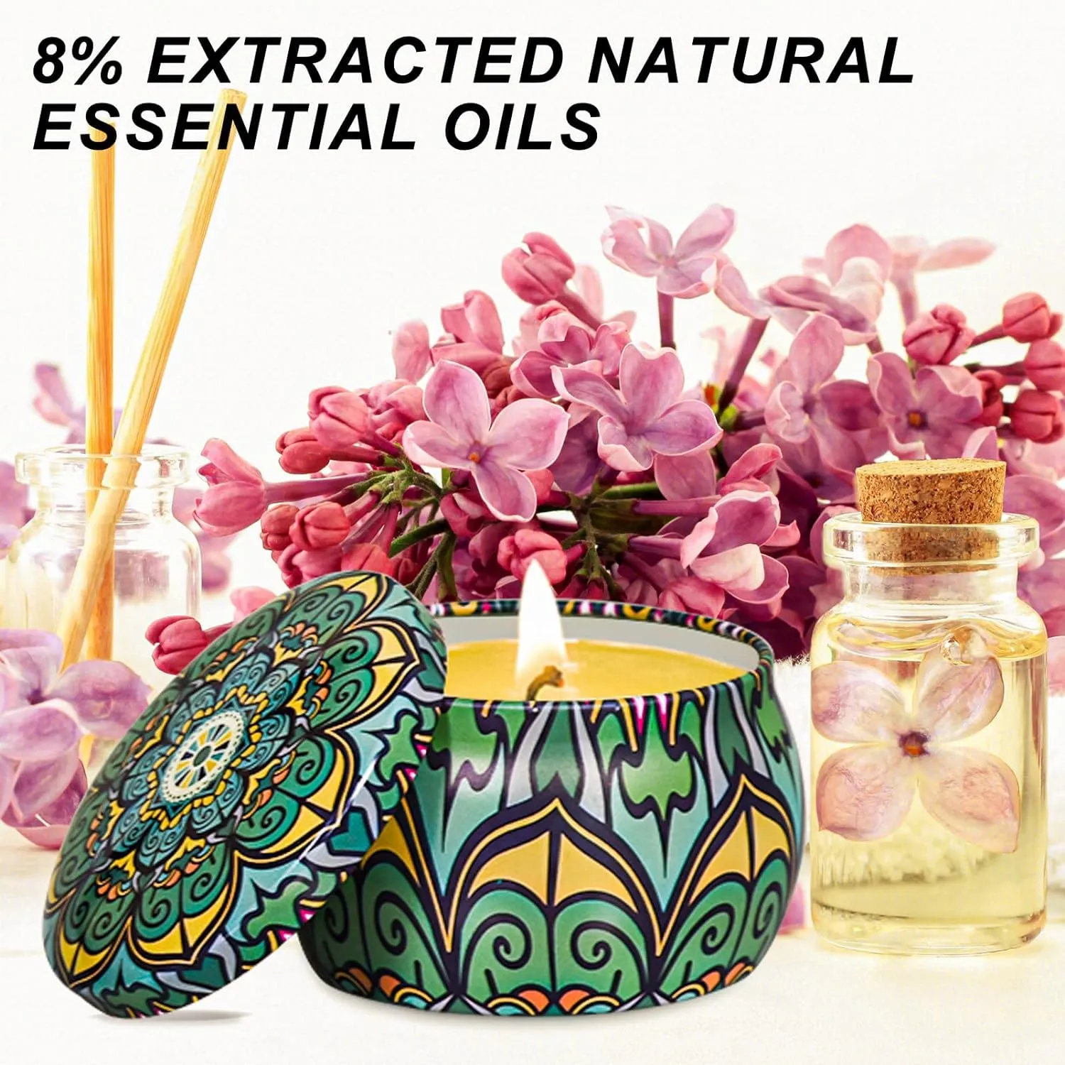 One94Store Luxury Scented Candles with Reusable Floral Printed Tin Can Set - 100% Natural Soy Wax, Long-Lasting Aromatherapy Candles for Stress Relief and Home Decor, 4 Unique Fragrances(Pack of 12)