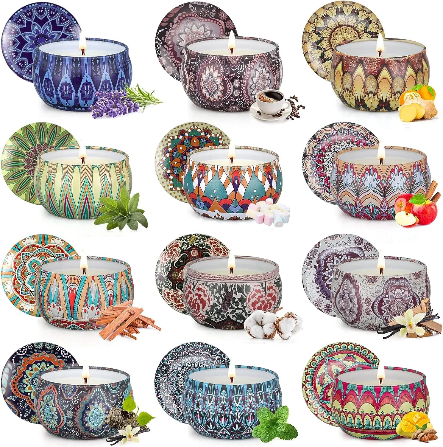 One94Store Luxury Scented Candles with Reusable Floral Printed Tin Can Set - 100% Natural Soy Wax, Long-Lasting Aromatherapy Candles for Stress Relief and Home Decor, 4 Unique Fragrances(Pack of 12)