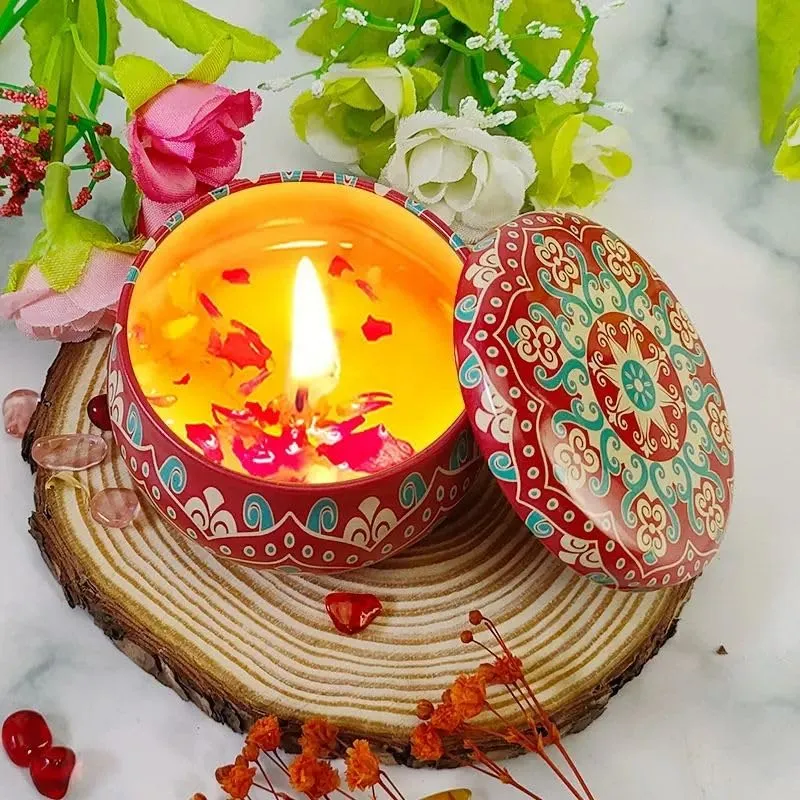 One94Store Luxury Scented Candles with Reusable Floral Printed Tin Can Set - 100% Natural Soy Wax, Long-Lasting Aromatherapy Candles for Stress Relief and Home Decor, 4 Unique Fragrances(Pack of 12)