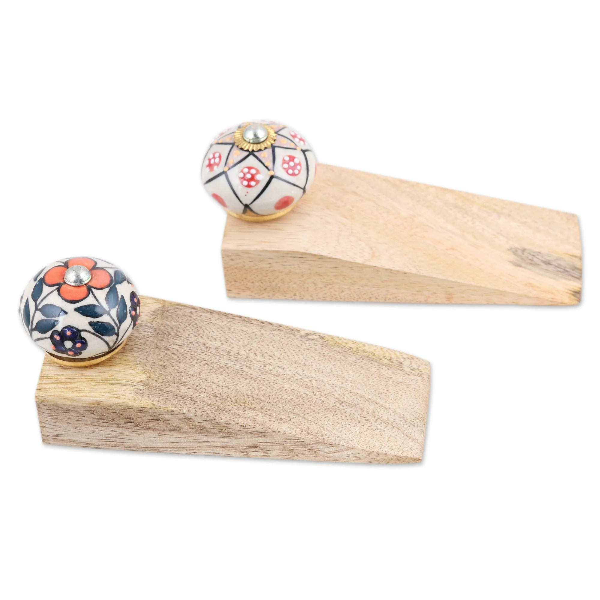 Pair of Wood Ceramic & Brass Door Stoppers Handmade in India - Heavenly Blossoms