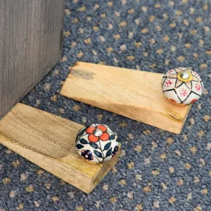 Pair of Wood Ceramic & Brass Door Stoppers Handmade in India - Heavenly Blossoms