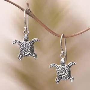 Sterling Silver Sea Turtle Dangle Earrings from Bali - Baby Turtles | NOVICA
