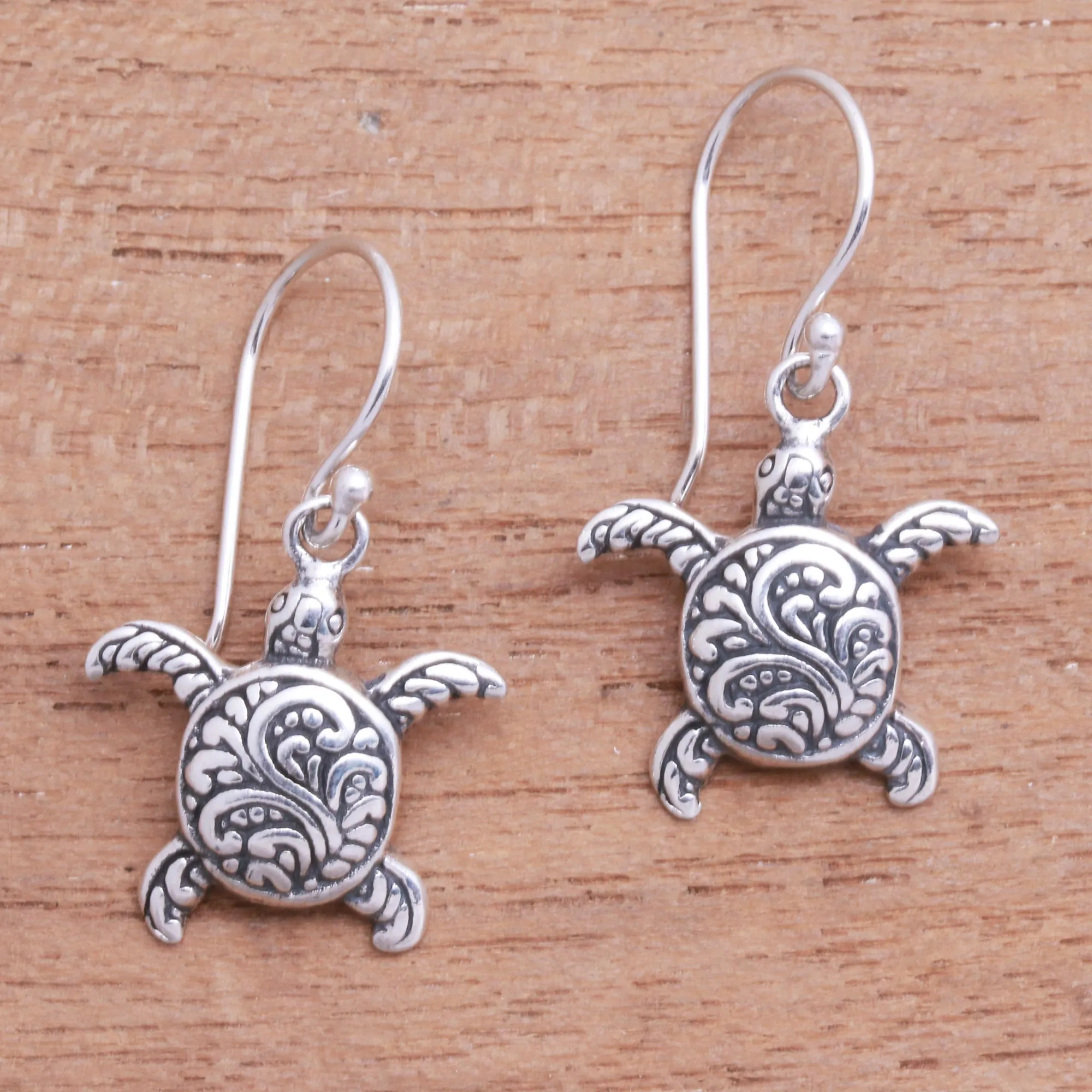 Sterling Silver Sea Turtle Dangle Earrings from Bali - Baby Turtles | NOVICA