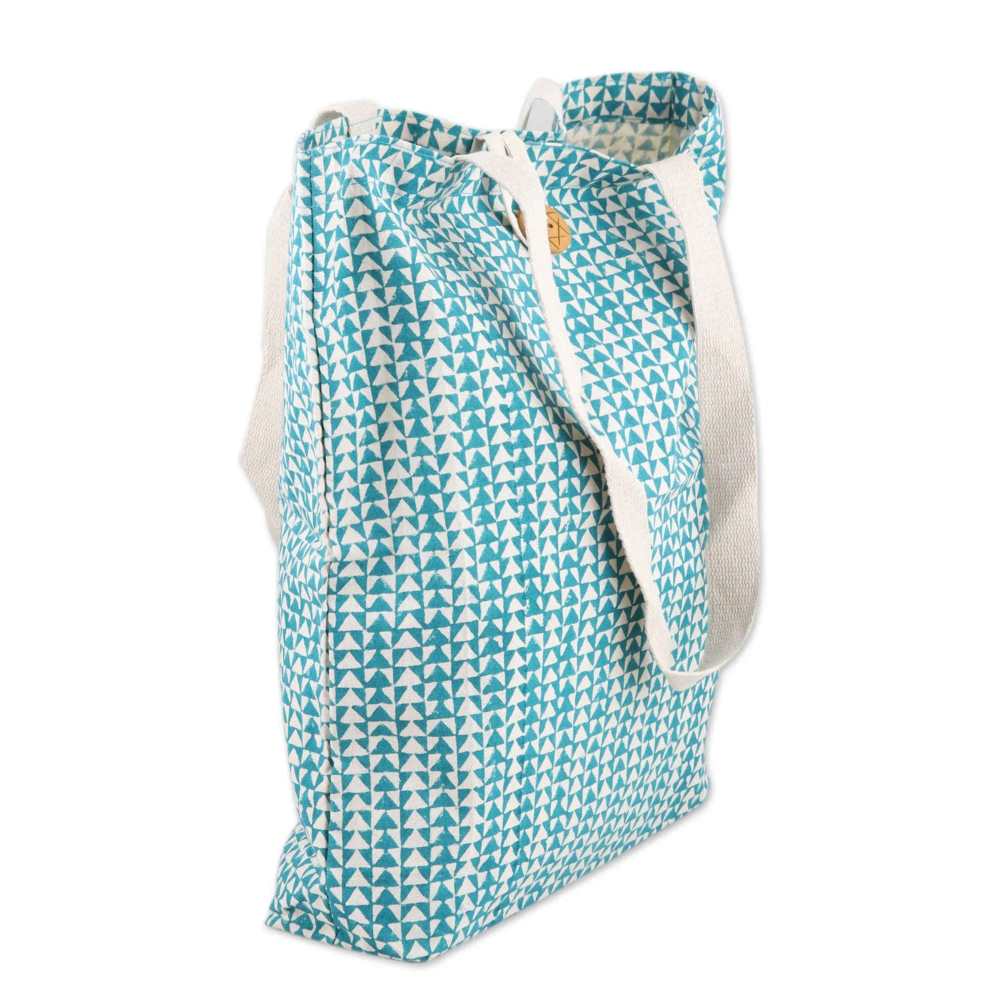 Teal Cotton Tote Bag with Hand-Blocked Printed Triangles - Triangle Harmony