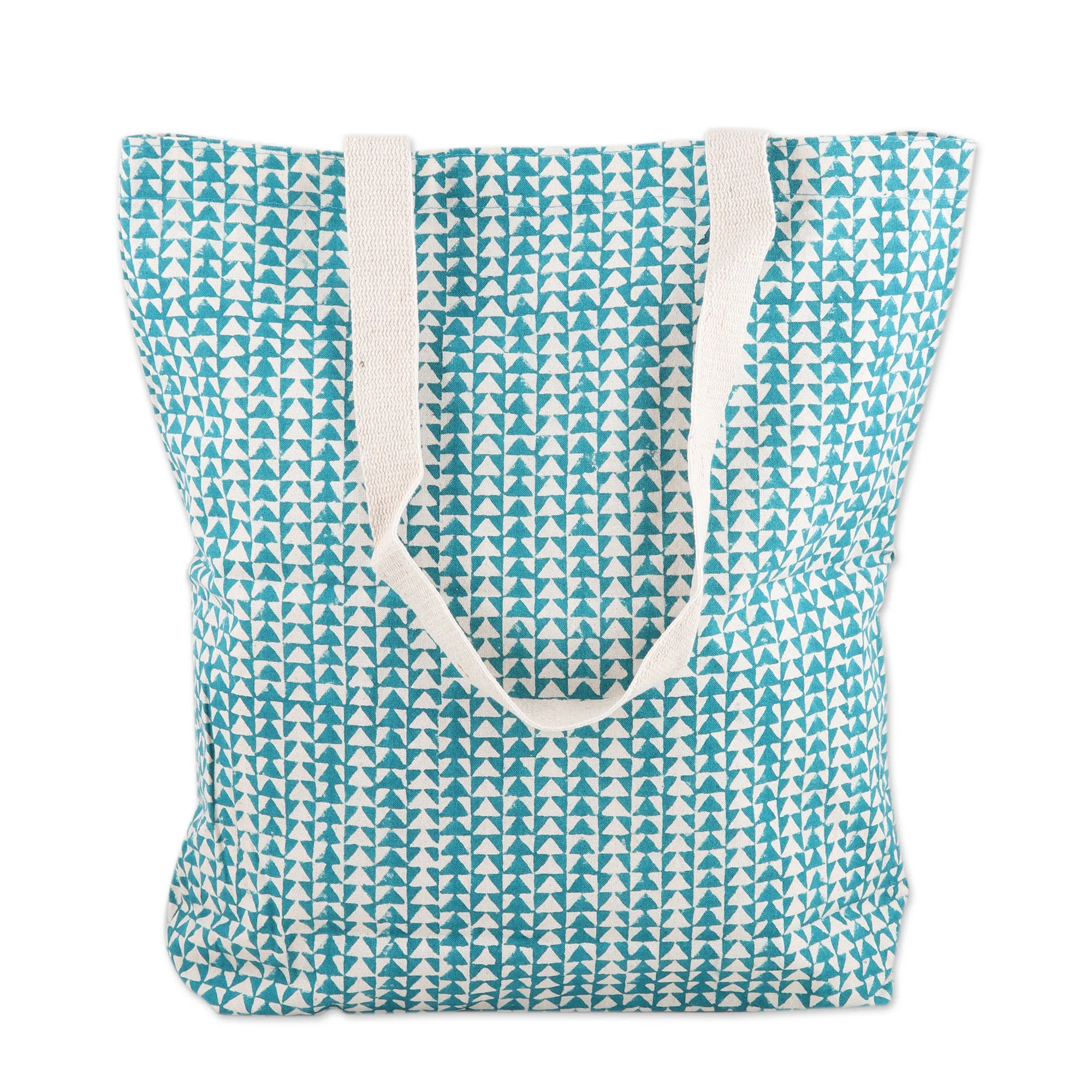 Teal Cotton Tote Bag with Hand-Blocked Printed Triangles - Triangle Harmony