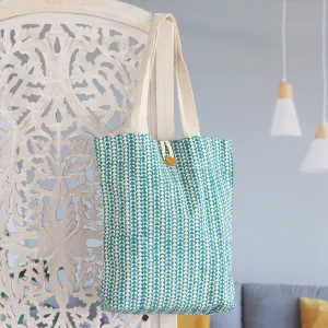 Teal Cotton Tote Bag with Hand-Blocked Printed Triangles - Triangle Harmony