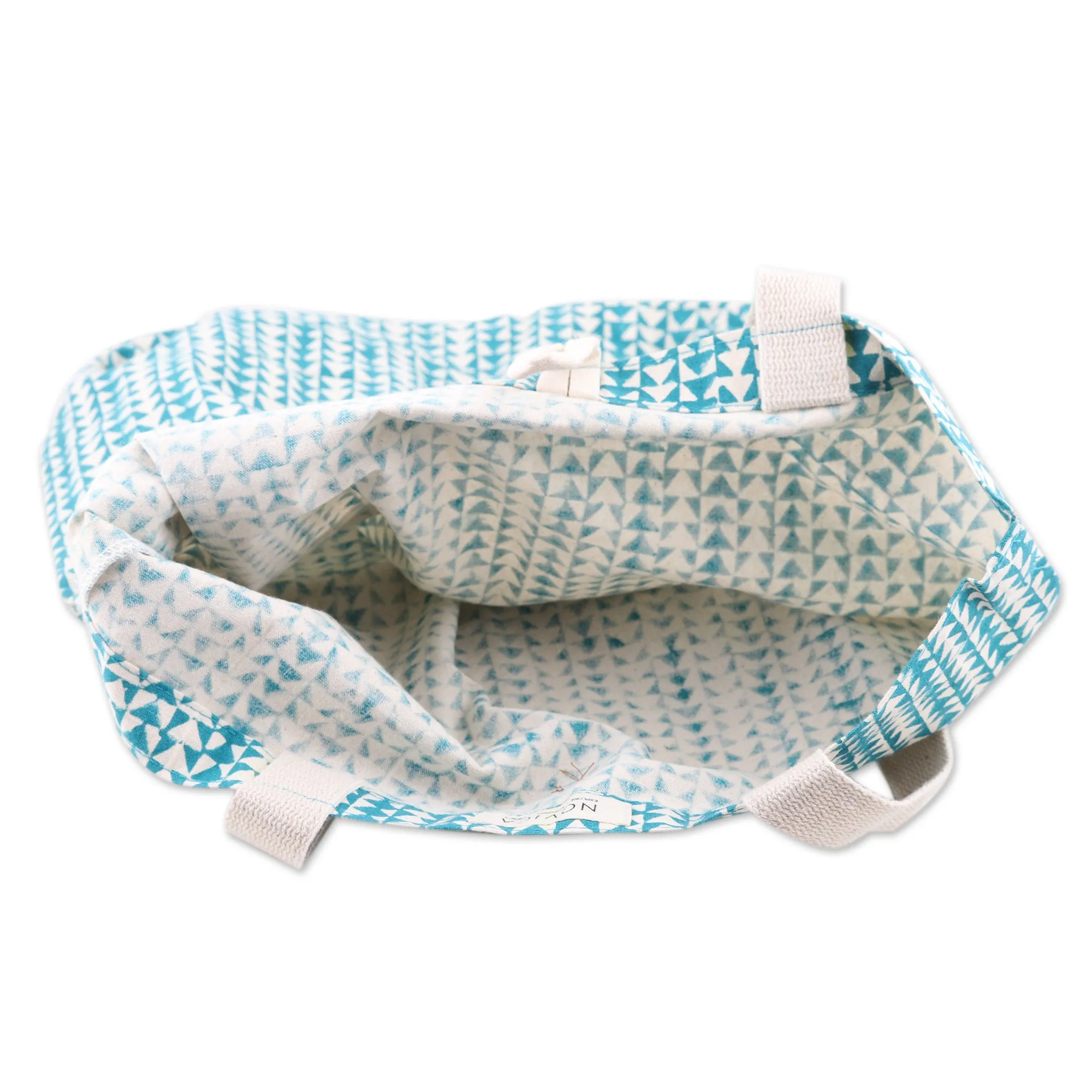 Teal Cotton Tote Bag with Hand-Blocked Printed Triangles - Triangle Harmony