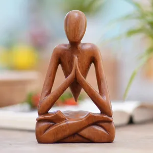 Wood Lotus Meditation Yoga Sculpture Hand Carved in Bali - Natural Meditation | NOVICA