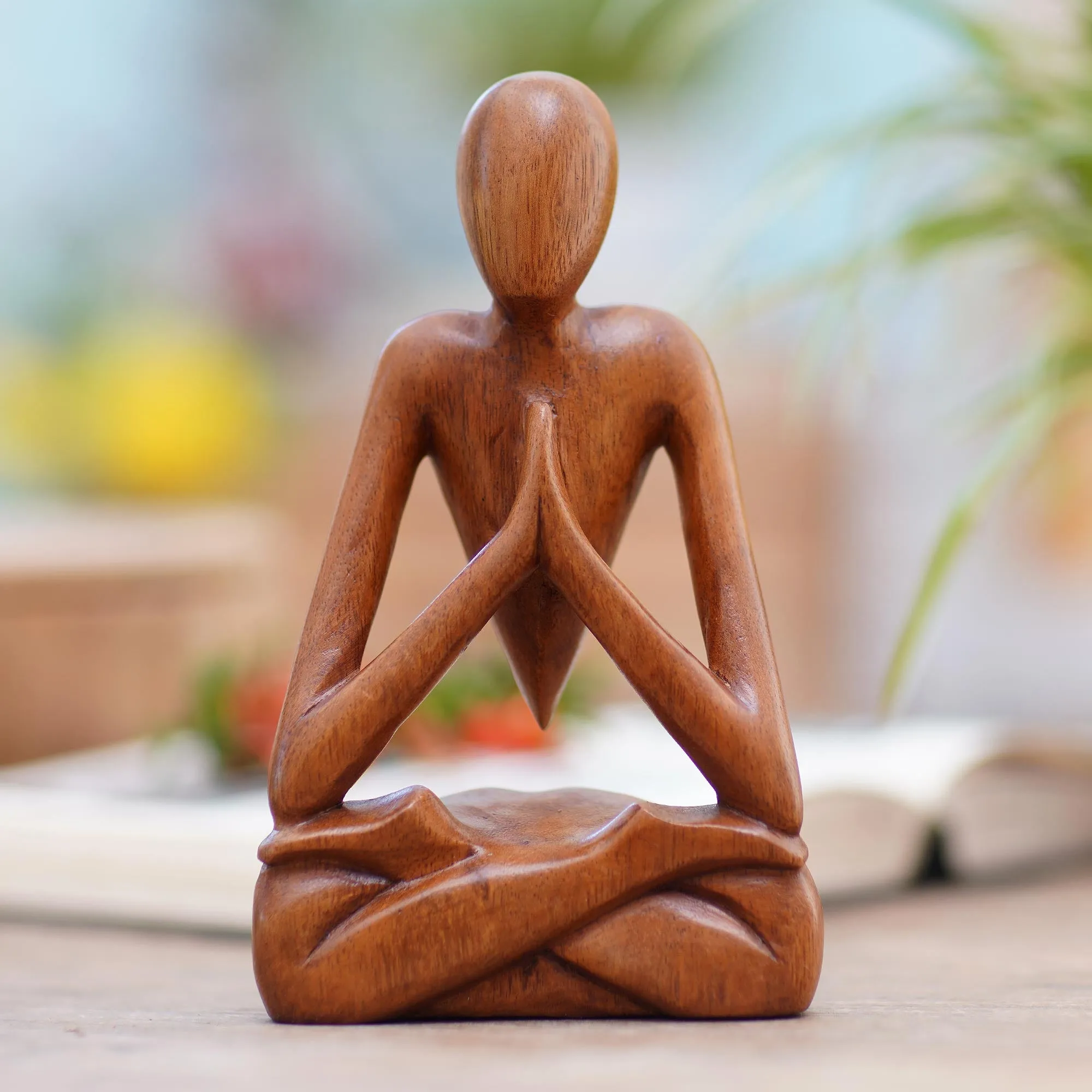 Wood Lotus Meditation Yoga Sculpture Hand Carved in Bali - Natural Meditation | NOVICA